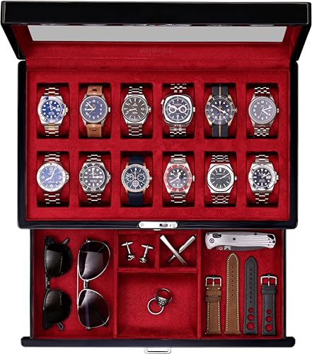 ROTHWELL 12-Slot Piano Black Watch Box with Valet Drawer - Premium Jewelry Display Case Organizer with Locking Glass Top and Microsuede Liner for Men & Women (Red Interior) - color: Piano Black / Red