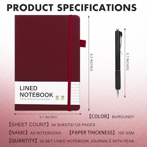 Aodaer 30 Set Lined Notebook Journals with Pens A5 Notebooks 100 GSM College Ruled Hardcover Notebook PU Leather Notepad with Pen Holder for Office School, 5.7 x 8.3 Inches, Burgundy - color: Burgundy