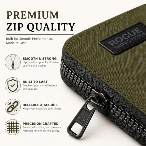 Leather & Nylon Zip Wallet for Men, RFID Blocking, Khaki | Men’s zipper wallet – Gift for birthdays - Nylon zip wallet – Leather interior – Stylish everyday functionality - color: Khaki