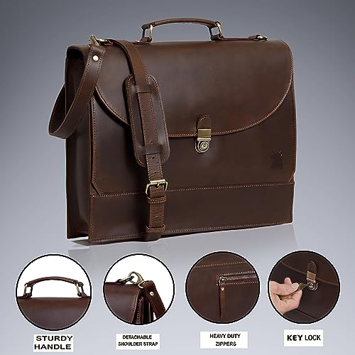 Leather Farm Messenger Bag for Men & Women 16 Inch – Premium Vintage Handmade Laptop Briefcase Satchel, Mens Leather Shoulder Crossbody Bag, Genuine Leather Computer Bag with Adjustable Strap Brown