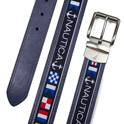 Nautica Men's Reversible Leather Belt | 2-in-1 | Classic | Everyday | Business | Work | Dress | Casual | Metal Buckle - color: Flag Pattern - Navy, size: 34 Inch