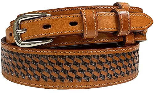 Western Pattern. Basketweave. Floral Tooled Engraved Genuine Full Grain Leather Ranger Belt, Assembled in the U.S - color: 71 72 73-tan, size: 36