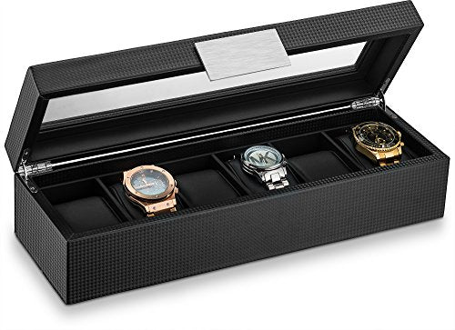 Glenor Co 6 Watch Box for Men - Mens Watch Case w Glass Lid - Luxury Carbon Fiber Design Mens Watch Box - Watch Holder for Men w Metal Accents & Sturdy Hinges - Modern & Masculine Watch Display Case - color: Black, size: 6 Slot