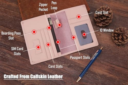 STAR VISTA Phoenix Leather Passport Holder, Calfskin Travel Wallet - RFID Blocking, ID Window, Zipper Pocket, Pen & Notebook Included, Pale Pink - color: Pink B