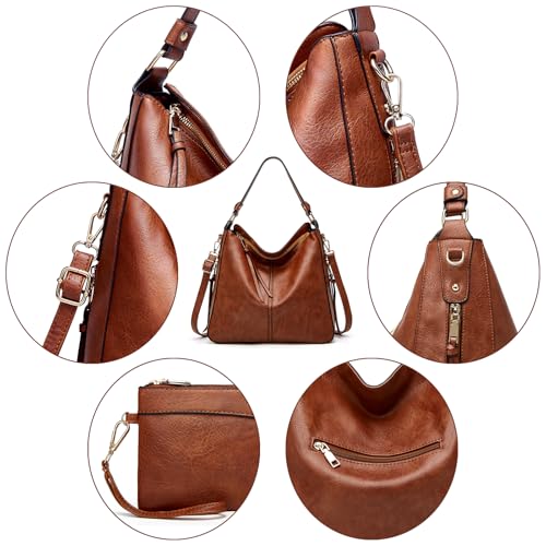 Hobo Bag for Women, Soft Vegan Leather Tote Purse & Wallet Set | Large Capacity Soft Handbag with Detachable Crossbody Strap, Ladies Shoulder Bag for Work, Travel & Everyday Use - color: Brown