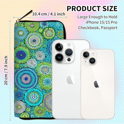 Wristlet Wallets for Women,Large Capacity RFID Blocking Leather Zip Around Travel Wallet Phone Purse Clutch Bag - color: Green Mandala Flowers