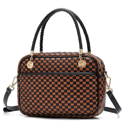 Woven Checkered Crossbody Bag for Women Vegan Leather Satchel Purse | Two-tone structured handbag features a braided top handle, adjustable strap, and 3 spacious compartments with inner zippers - color: Black and Brown Checkered