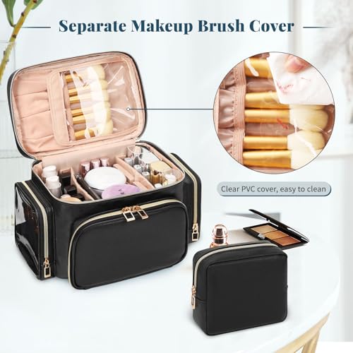 Bagmoly Makeup Bag Travel 2 Pcs Set Cosmetic Toiletry Bag, Black | Cosmetic Pouch Large Capacity with Makeup Brush Compartment, Cosmetic Travel Bag with Divider and Handle Toiletry Bag - color: 04-Leather Black, size: Large