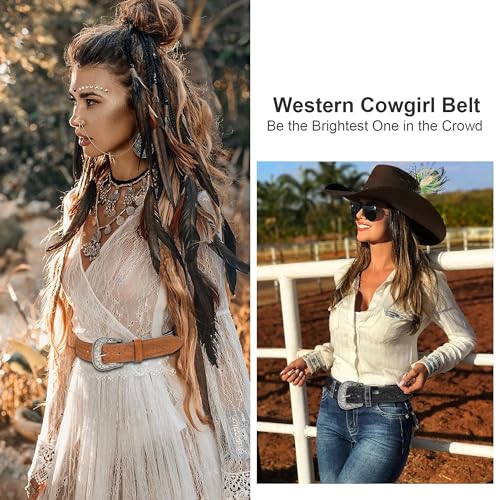 YCMI Womens Men Western Cowboy Belts Floral Engraved Engraved Buckle Adjustable Belt for Jeans Dress Skirt - color: Black
