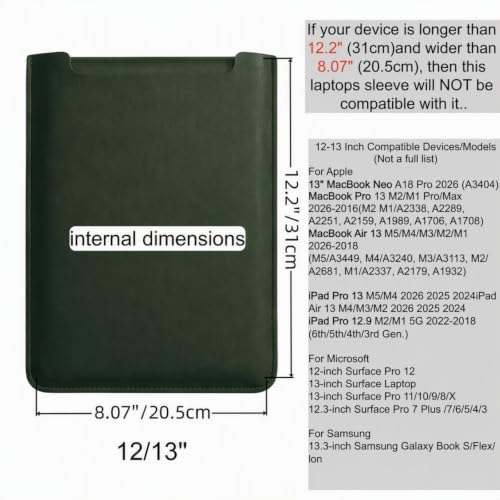 13Inch Laptop Sleeve Case Compatible with MacBook Air 13 M3 M2 M1 / MacBook Pro 13Inch, MacBook Neo Case, Surface Pro 12-3,iPad Pro/Air 13 Dell HP ASUS(Green) - color: Green, size: 12/13inch