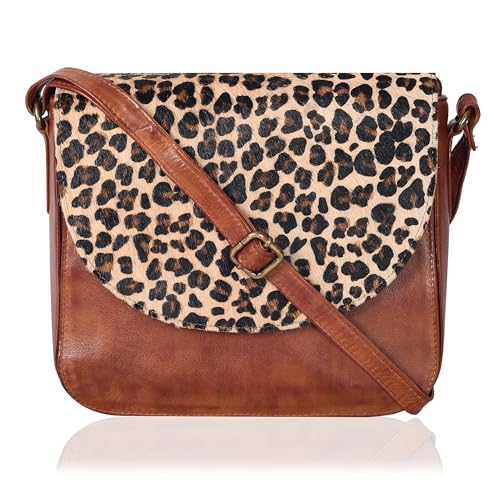 Ozora Genuine Leather Crossbody Bag for Women, Adjustable Strap - color: Tan Wash Cheetah