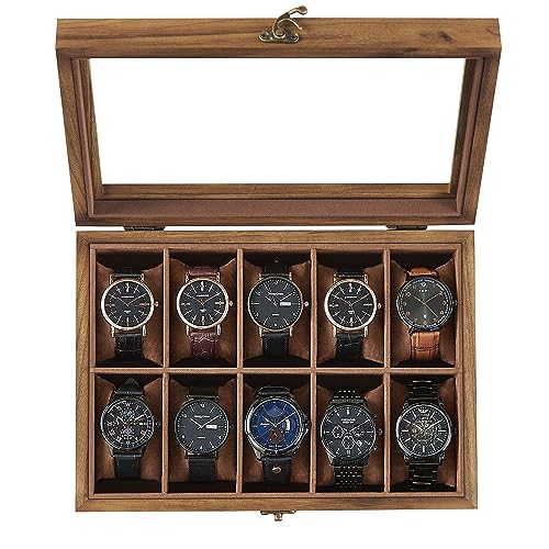 SONGMICS 10-Slot Watch Box, Watch Display Case with Large Glass Lid, Removable Pillows, Velvet Lining, Gift Idea, Rustic Walnut UJOW100K01 - color: Rustic Walnut, size: 1 Layer 10 Slot