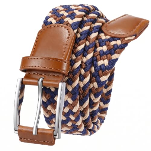 XZQTIVE Braided Stretch Belt Mens Gift Elastic Woven Belt for Golf Casual Pants Shirts Jeans - color: Beige Brown Blue, size: Fit Waist 43-48in
