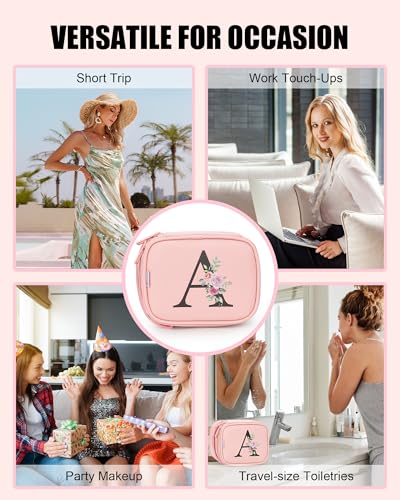 Relavel Mini Travel Makeup Bag with Led Mirror for Women, Pink L | Initial Cosmetic Bag with 3 Lights, Adjustable Brightness, Personalized Travel Toiletry Bag, Preppy Make Up Pouch for Trip - color: Pink, style: L