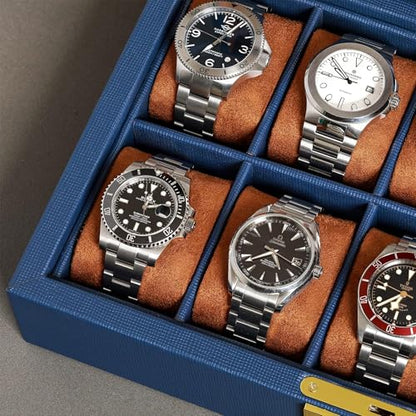 ROTHWELL 10 Slot Leather Watch Box - Luxury Case Display Jewelry Organizer - Locking Watch Display Case Holder with Large Glass Top - Box Organizer for Men and Women (Blue/Tan) - color: Blue / Tan