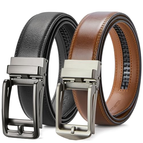 BOSTANTEN Leather Ratchet Belts for Men 2 Pack Trimmable 1 3/8“ Gift Boxed - color: 014-black and Brown, size: 32"-38" Waist Adjustable