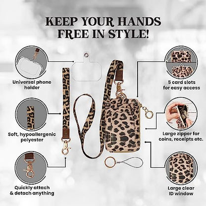 MONDO DESIGNS 2-in-1 ID Badge Holder & Lanyard Wallet - Multi-Use Womens Small Wallet with Removable Wristlet & Neck Lanyard, Clear Window, 5 Card Slots, Phone Holder, Ring Keychain - Leopard - color: Leopard