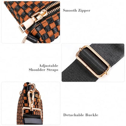 Woven Crossbody Bag for Women, Checkered PU Bum Bag Sling Purse with Adjustable Strap for Travel, Festivals - color: Brown Black