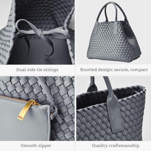 Woven Tote Bag for women,Vegan Leather Woven Satchel Handbag,Shoulder bag with Pouch,Hobo bag fits13-14” laptops - color: Grey