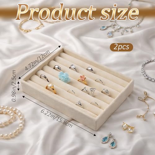 Ring Display Holder, 2 Pcs Small Jewelry Tray Velvet Ring Organizer Stackable Jewelry Organizer Trays Jewelry Drawer Organizers Inserts for Selling Rings Earrings (Beige)