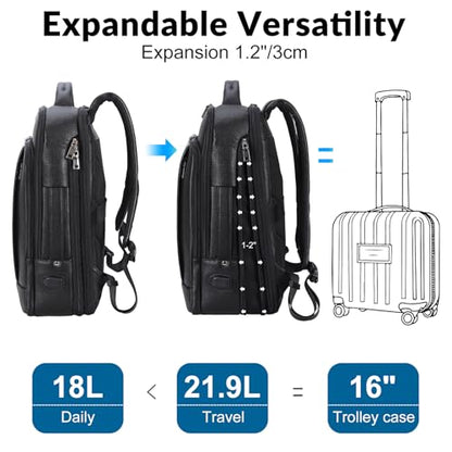 TIDING Men's Expandable Leather 15.6" Laptop Backpack for Commute Business | TSA Friendly Weekend Travel Daypack with Luggage Sleeve, Water Bottle Holder ﻿ - color: Black