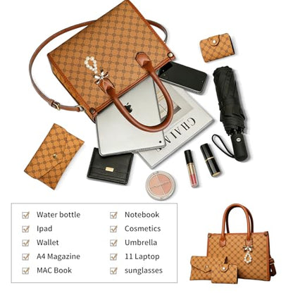 Women Handbag Fashion Satchel Shoulder Tote Top Handle Bag | Sturdy Structured, Spacious, PU Leather, Plaid, Bow, 3pcs, Coin Purse and Small Card Holder, Versatile for Daily Work - color: Yellow