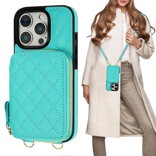 Bocasal Crossbody Wallet Case Card Holder for iPhone 16 Pro, Mint Green | RFID Blocking PU Leather Zipper Handbag Purse, Kickstand Flip Folio Case with Card Slots Holder Wrist Strap Lanyard 6.3 Inch - color: Green