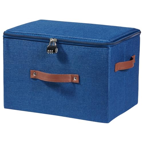 Lockable Storage Bins Box with Zipper Lid Combination Lock | Cotton Linen Fabric Baskets, Foldable Washable Closet Shelf Organizer Container, w/ PU Leather Handles, Deep Blue, Large - color: Deep Blue, size: Large ( Set of 1 )