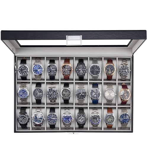 ProCase Watch Box for Men, 24 Slot Display Case with Real Glass Lid | Premium Storage Holder Organizer with Removable Pillows, Gift for Dad & Father's Day & Watch Collectors - color: Black