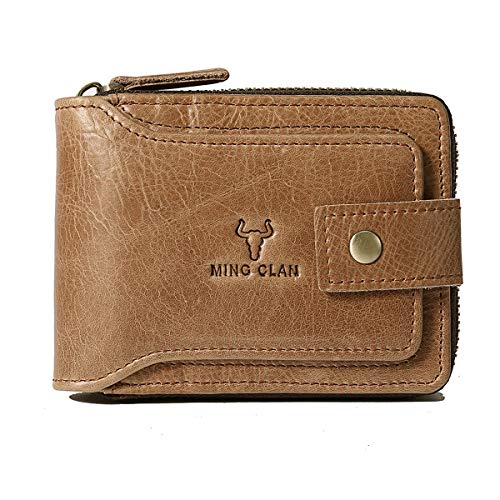 MING CLAN Men's Zipper Wallet, Tobacco Leather, RFID Blocking, Big Capacity, Flap ID Window, 12 Credit Card Slots, 2 Bill Compartments, 2 Vertical Pockets - color: Tobacco