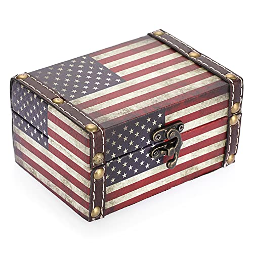 Hipiwe American Flag Treasure Chest Box Wooden + PU Leather Jewelry Boxes | Vintage Decorative Jewelry Trinket Box Memento Box Small Keepsake Boxes Gifts