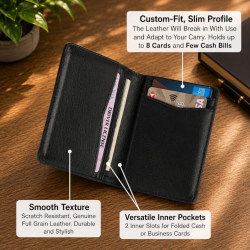 Mens Slim Minimalist Leather Wallet, Thin Bifold Credit Card Wallet for Men - color: Black