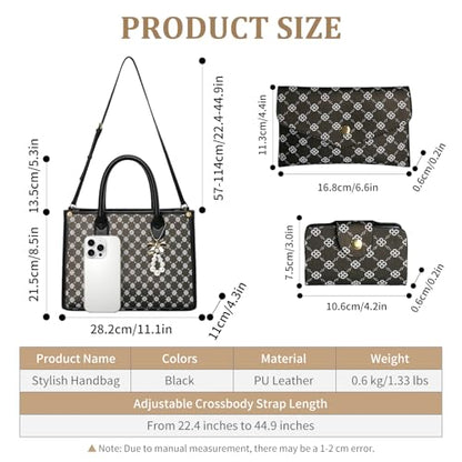 Women Handbag Fashion Satchel Shoulder Tote Top Handle Bag | Sturdy Structured, Spacious, PU Leather, Plaid, Bow, 3pcs, Coin Purse and Small Card Holder, Versatile for Daily Work - color: Black