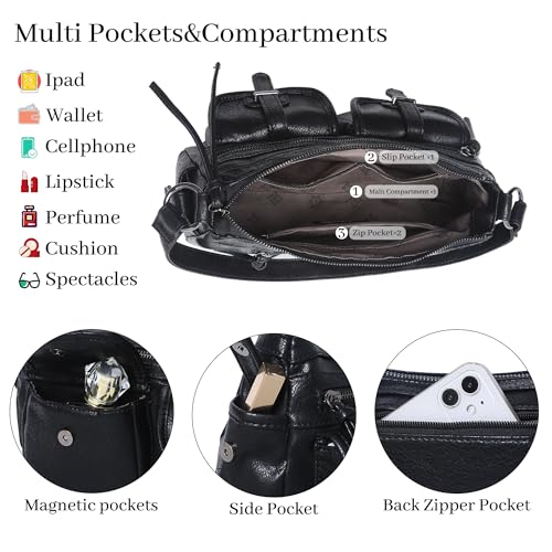 Angel Kiss Hobo Purses for Women Crossbody Shoulder Bag Ladies Multi Pocket Handbags with Adjustable Shoulder Strap | Soft Vegan Leather - color: Black