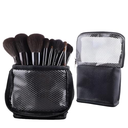 MOND'SUB Makeup Brush Organizer Bag, Makeup Brush Case Travel Makeup Brush Holder Large Professional Cosmetic Bag Artist Storage Bag Essentials Stand-up Foldable Makeup Cup Waterproof （Black, Large） - style: Zipper Bag