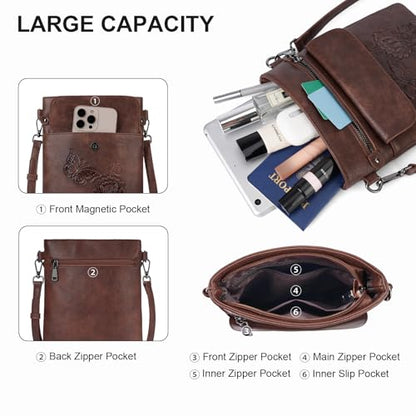 Small Crossbody Purse for Women, Vegan Leather Multi Pocket Bag | Small Crossbody Bags for Women with Embossed Design, Adjustable Strap, Lightweight Travel Shoulder Bag for Daily Use and Gift - color: Coffee