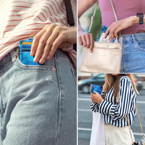 Slim Wallet Credit Card Holder, Blue Starry Sky, RFID Wallet Women Cute Small Front Pocket Wallet With Zipper, PU Leather Thin travel RFID Blocking Card Case ID Window,Ladies Gifts - color: Blue Starry Sky