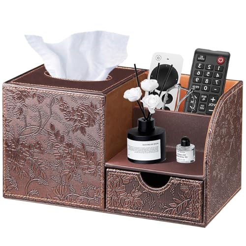 Tissue Box Cover with Drawer Organizer and Storage Tray,Cube Tissue Holder | PU Leather Tissues and Remote Holder,Decorative Facial Paper Nightstand Desk Organizer for Bathroom Vanity coffee table - color: Archaize