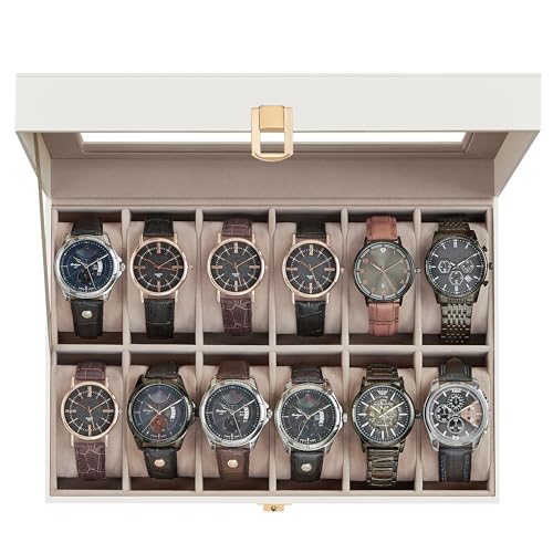 SONGMICS Watch Box, 12-Slot Watch Case with Large Glass Lid | Removable Pillows, White PU Leather, Beige Velvet Lining, Gift for Loved Ones, BRIDIE Collection UJWB120W01 - color: Cloud White + Cappuccino Beige, size: 12 Slot