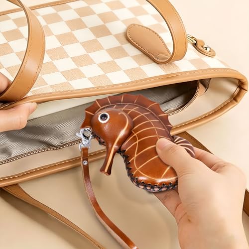 Handmade Leather Sea Horse Coin Purse, Cute Mini Zipper Pouch for Coins, Jewelry, Small Essentials, Keychain Wallet for Women Girls, Handbag Accessories