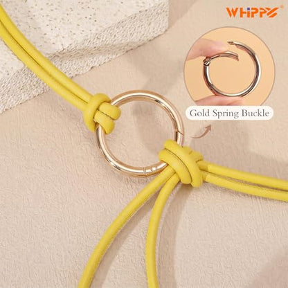 WHIPPY Women Skinny Leather Belts for Dresses Boho Thin Leather Knotted Waist Belt - color: Yellow, size: Fit Waist Size up to 53"