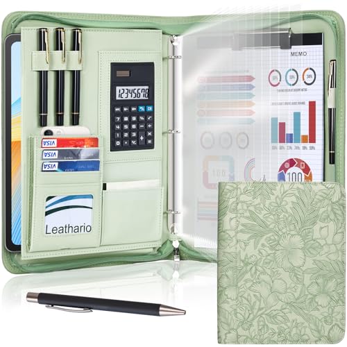 Leathario Portfolio Binder, Includes 5 Sheet Protectors and a Pen, 13 Inch Tablets Organizer, Vegan Leather A4 Padfolio, Multi-Pocket Notepad Business Planner Professional Document - color: Relief Green