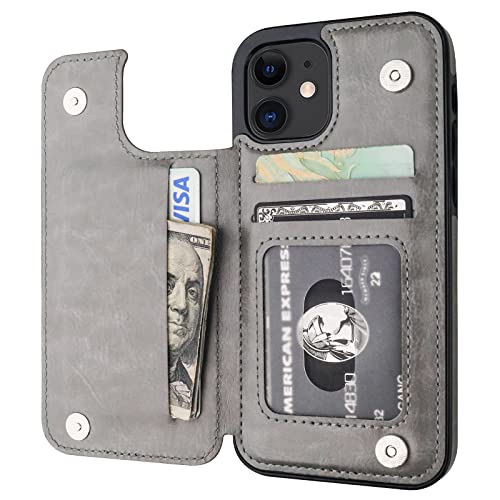 ONETOP for iPhone 12 & iPhone 12 Pro Wallet Case with Card Holder,Gray | Kickstand,ID/Cash Holder,Case Wallet with Card Slots,Double Magnetic Clasp,Durable PU Leather Shockproof Cover for Women Men - color: Gray
