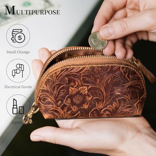 Gexmil Genuine Leather Coin Purse with Zipper, Mini Coin Pouch | Full Grain Leather Bag for Women Men,Change Wallet,Zipper Closure,Earbuds Chargers Cables,Floral Brown - color: Floral Brown