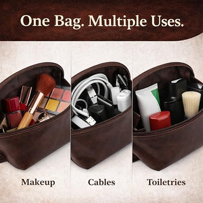 Genuine Leather Toiletry Bag for Men & Women, Leather Makeup Bag, Travel Dopp Kit Organizer with YKK Zipper, Handmade Cosmetics Case for Toiletries & Makeup (9 x 6 x 4 Inch) - color: Brown