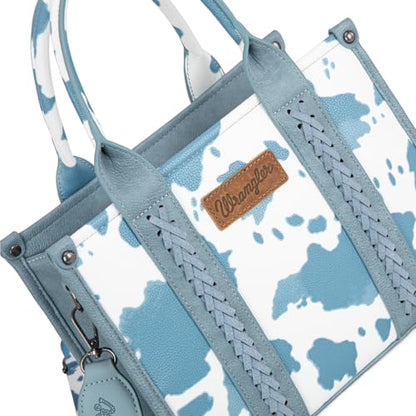 Wrangler Cow Print Tote Bag for Women Western Purse Boho Top Handle Satchel Handbag with Signature Strap - color: Allover Cow Print Blue