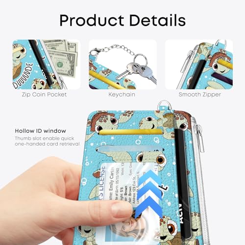Sea Turtle Credit Card Holder Small Wallet for Women | Slim RFID Wallet Front Pocket with Zipper Coin Pocket, Travel Thin Card Case with ID Window - color: Sea Turtle