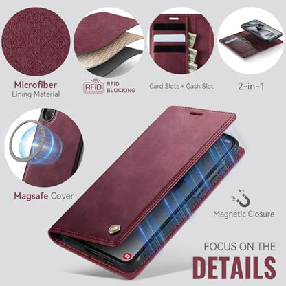 for Samsung Galaxy S24 5G 2in1 Detachable Wallet Case, Burgundy | Compatible with Magsafe, Magnetic, RFID Blocking Card Holder, Shockproof, Kickstand, Wireless Charging, PU Leather Flip Cover - color: Retro Burgundy, size: Galaxy S24 - 6.2"