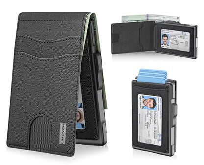 umoven Wallet for Men - Pop Up Case, Cash Slot, and Credit Card Slot - Slim Aluminum Wallet with RFID Blocking, Minimalist Leather Wallet Front Pocket with ID Window (Gravel Black) - color: Gravel