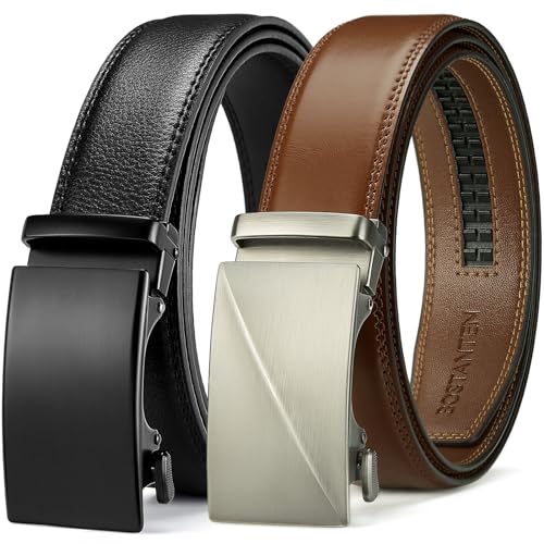 BOSTANTEN Leather Ratchet Belts for Men 2 Pack Trimmable 1 3/8“ Gift Boxed - color: 003-black and Coffee, size: 32"-38" Waist Adjustable